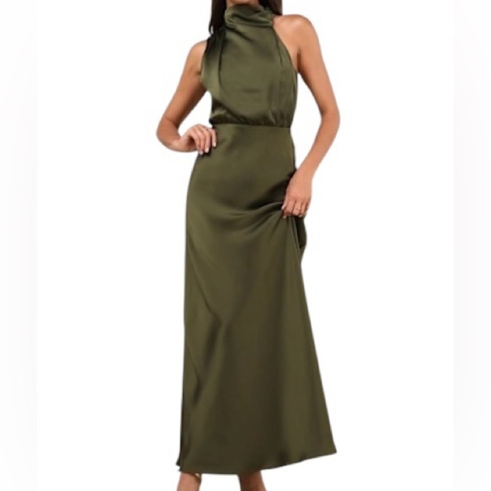 Lulu's Olive Green One-Shoulder Satin Maxi Gown